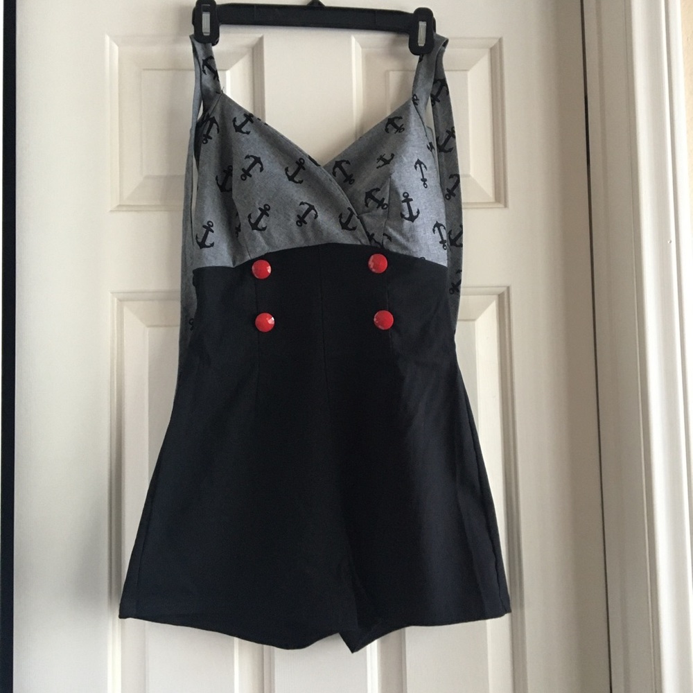 Pinky Pinups Anchor Print Black and Gray Jumpsuit with Red Buttons